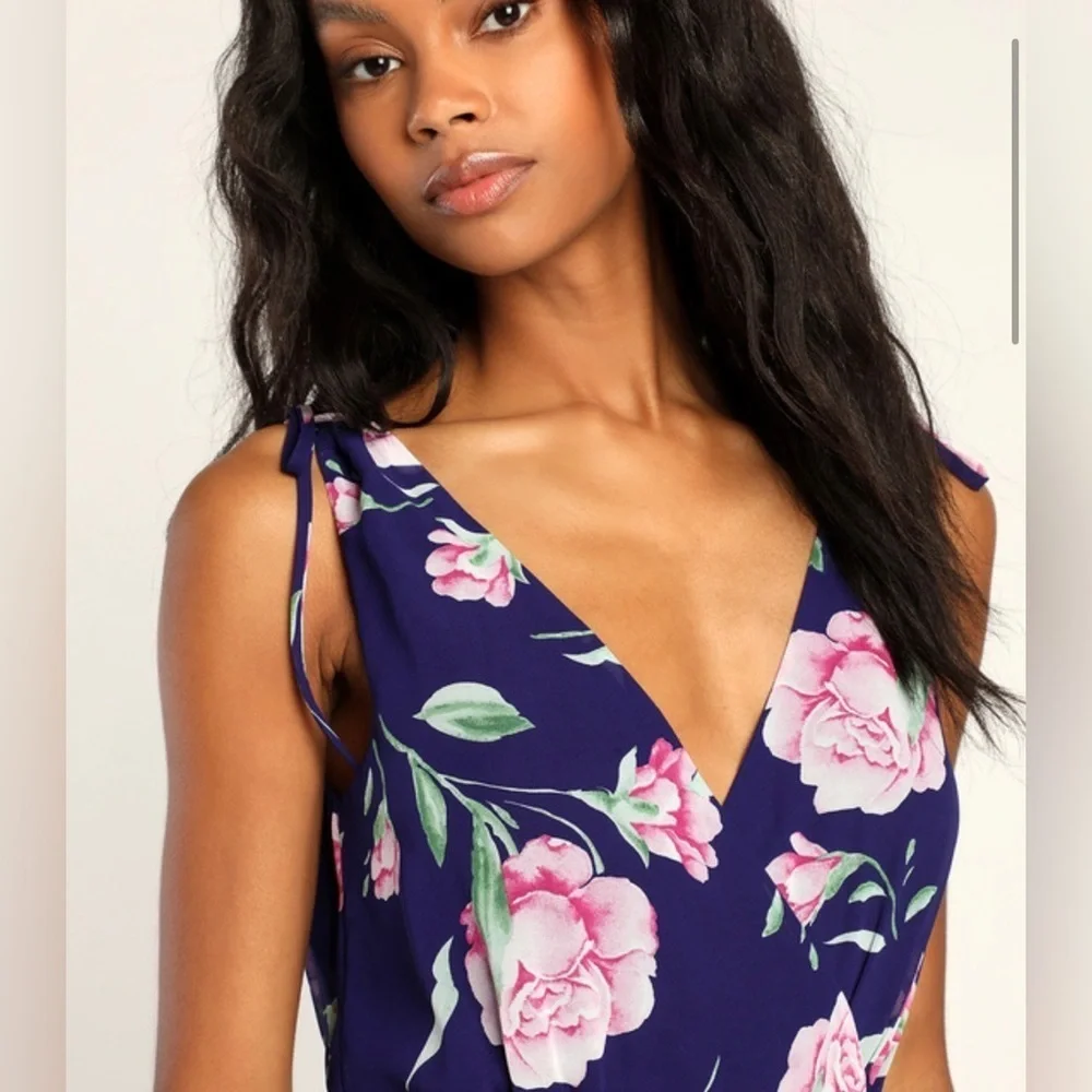 Lulu’s New V-Neck Sleeveless Navy Floral Print Maxi Prom Bridesmaid Dress Size M - Picture 5 of 16